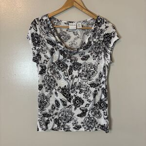 Rachel Zoe 100% Linen Top Black White Paisley Short Sleeve Shirt Sz Small